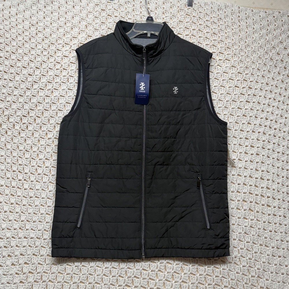Izod Luxury Puffer Vest Mens Sz M Black Classic Full Zip Filling Water Repellent